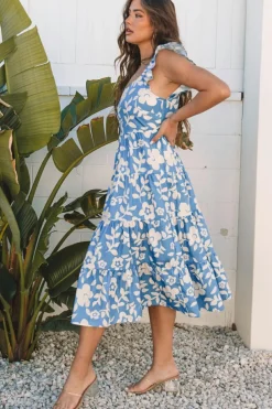 Discount Dear-Lover Floral U Neck Flutter Shoulder Tiered Flowy Midi Dress Sky Blue