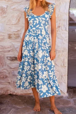 Discount Dear-Lover Floral U Neck Flutter Shoulder Tiered Flowy Midi Dress Sky Blue