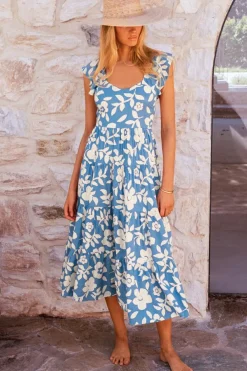 Discount Dear-Lover Floral U Neck Flutter Shoulder Tiered Flowy Midi Dress Sky Blue