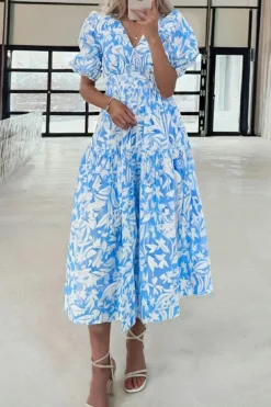 Best Dear-Lover Floral V Neck Puff Short Sleeve Flowy Long Dress Sky Blue