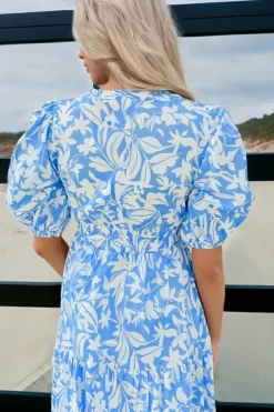 Best Dear-Lover Floral V Neck Puff Short Sleeve Flowy Long Dress Sky Blue