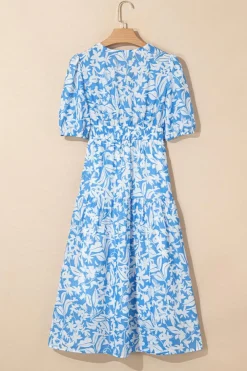 Best Dear-Lover Floral V Neck Puff Short Sleeve Flowy Long Dress Sky Blue