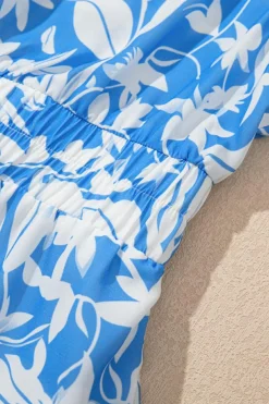 Best Dear-Lover Floral V Neck Puff Short Sleeve Flowy Long Dress Sky Blue