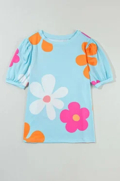 Best Dear-Lover Flower Print Bubble Sleeve Tee Sky Blue