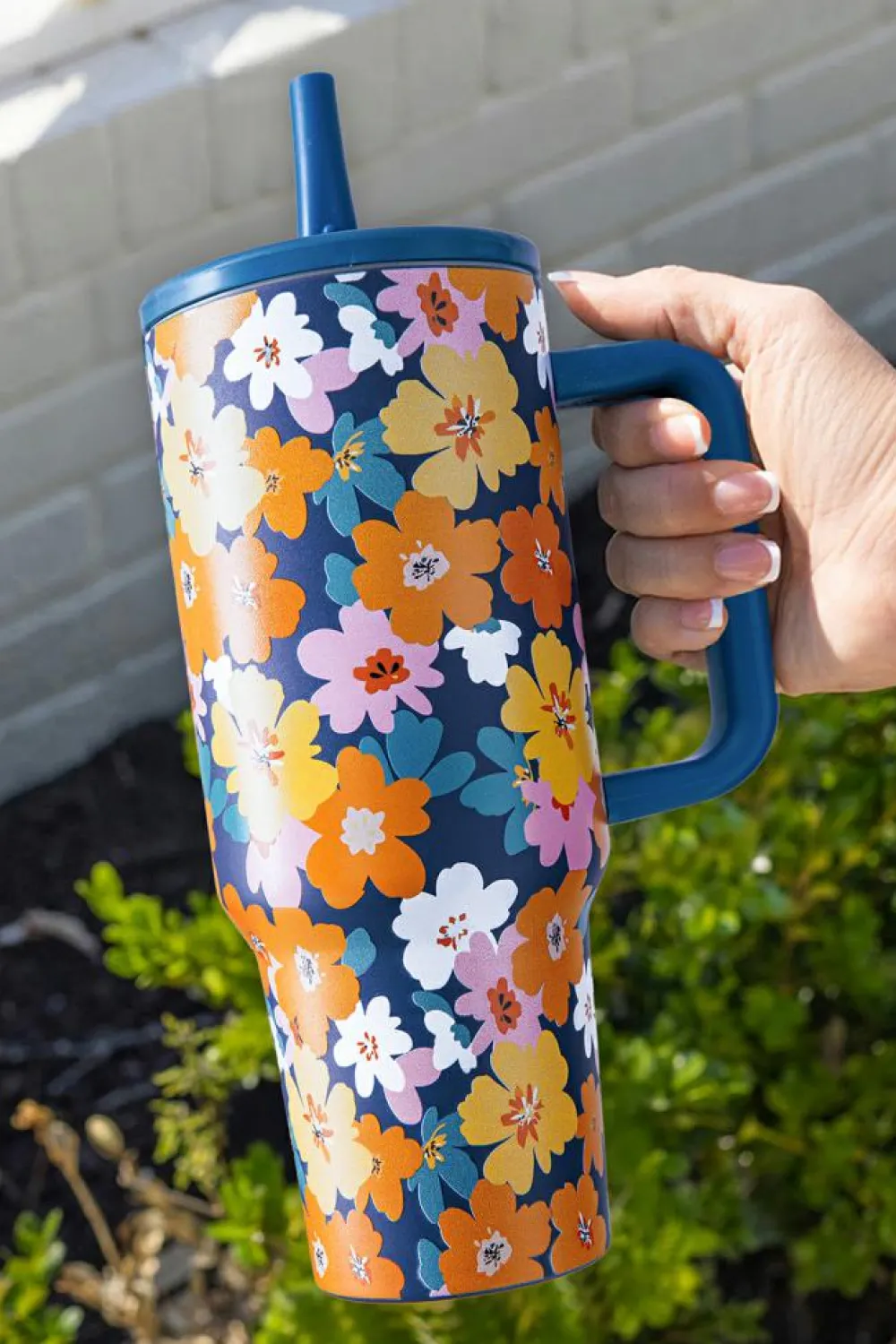 Online Dear-Lover Flower Print Stainless Steel Large Vacuum Cup Sky Blue