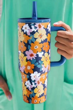 Online Dear-Lover Flower Print Stainless Steel Large Vacuum Cup Sky Blue