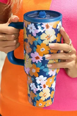 Online Dear-Lover Flower Print Stainless Steel Large Vacuum Cup Sky Blue