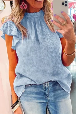 Online Dear-Lover Flutter Sleeve Frilled Neck Textured Blouse Sky Blue