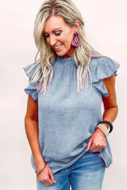 Online Dear-Lover Flutter Sleeve Frilled Neck Textured Blouse Sky Blue