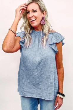 Online Dear-Lover Flutter Sleeve Frilled Neck Textured Blouse Sky Blue