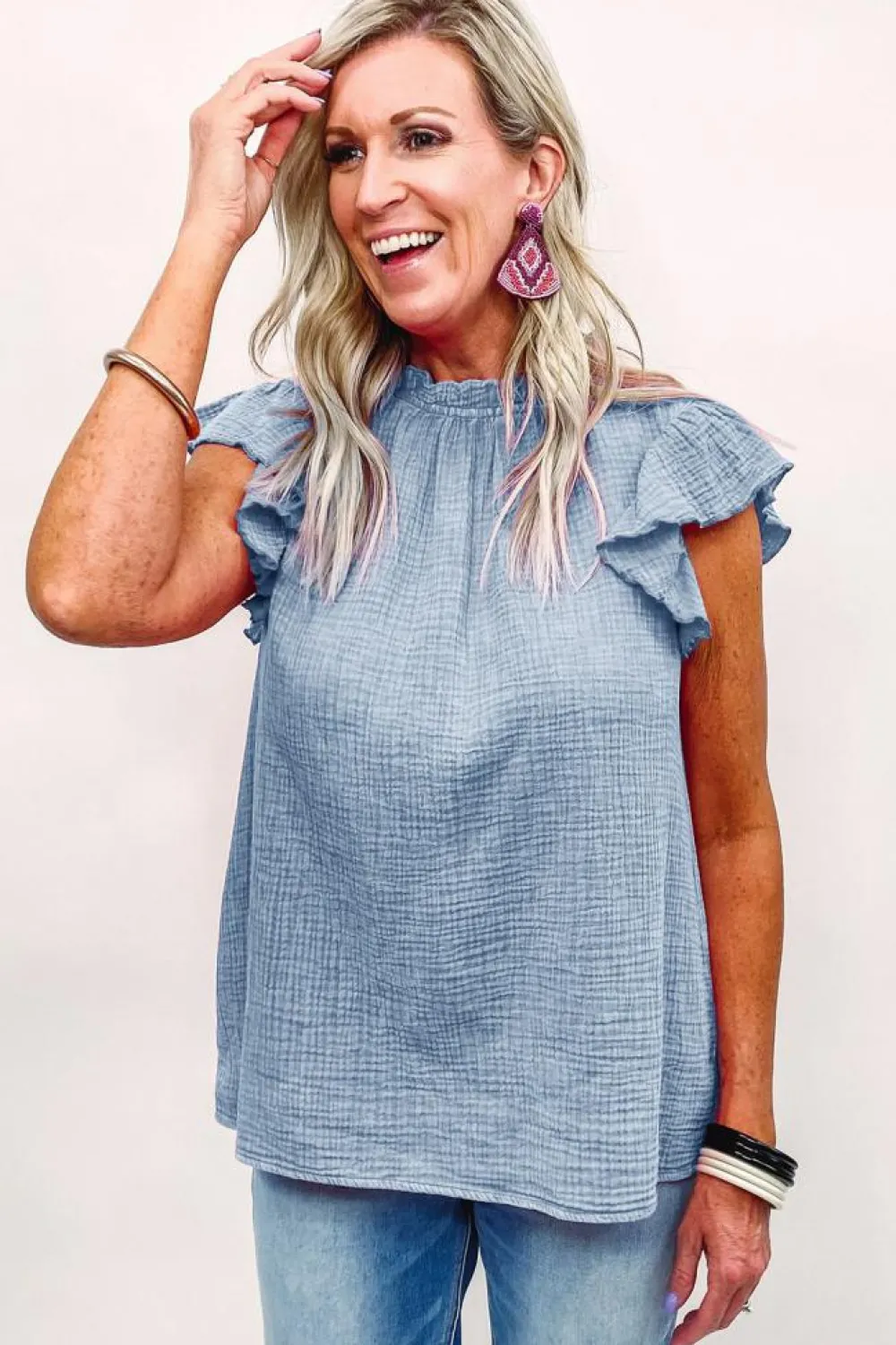 Online Dear-Lover Flutter Sleeve Frilled Neck Textured Blouse Sky Blue