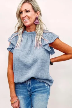 Online Dear-Lover Flutter Sleeve Frilled Neck Textured Blouse Sky Blue