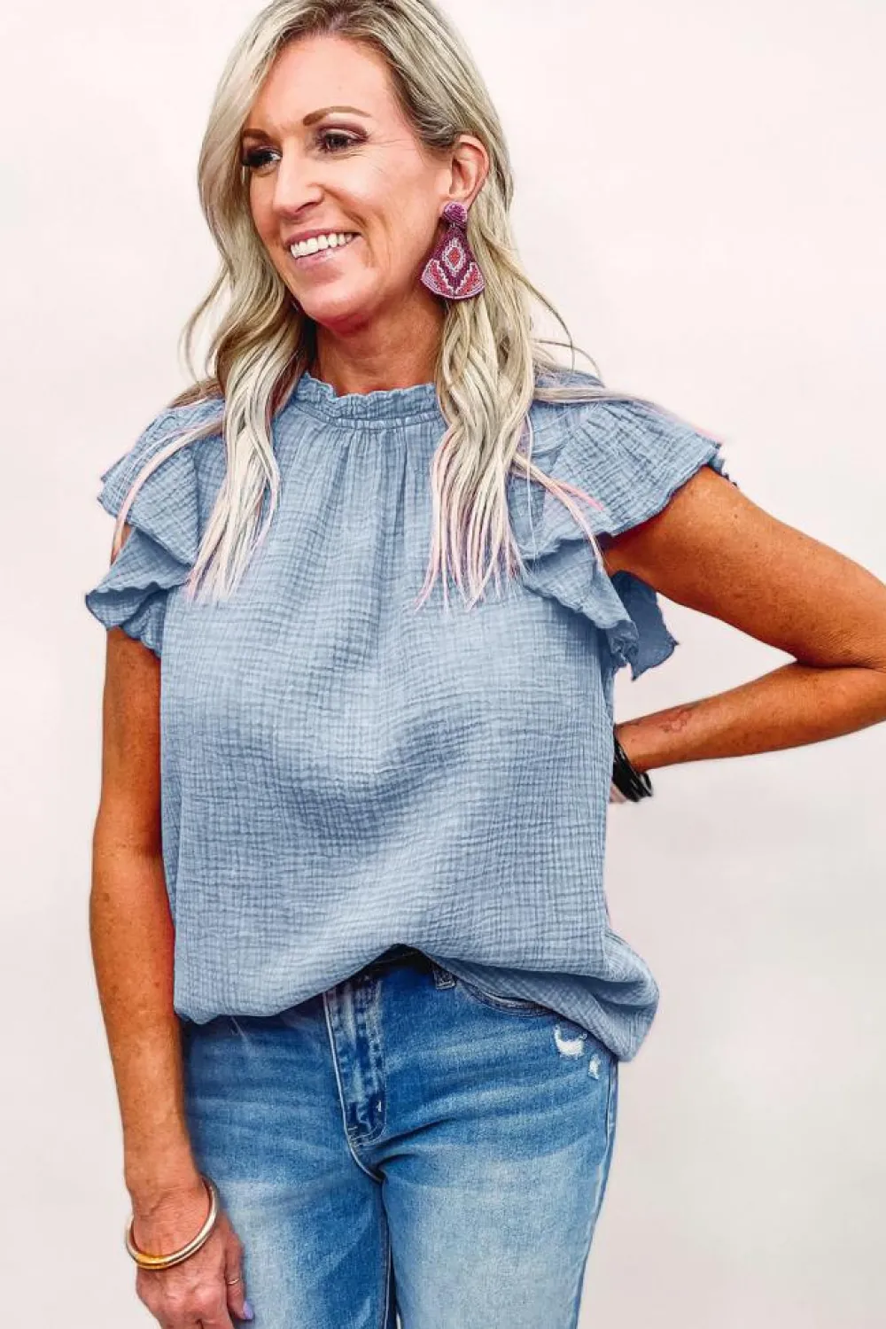 Online Dear-Lover Flutter Sleeve Frilled Neck Textured Blouse Sky Blue