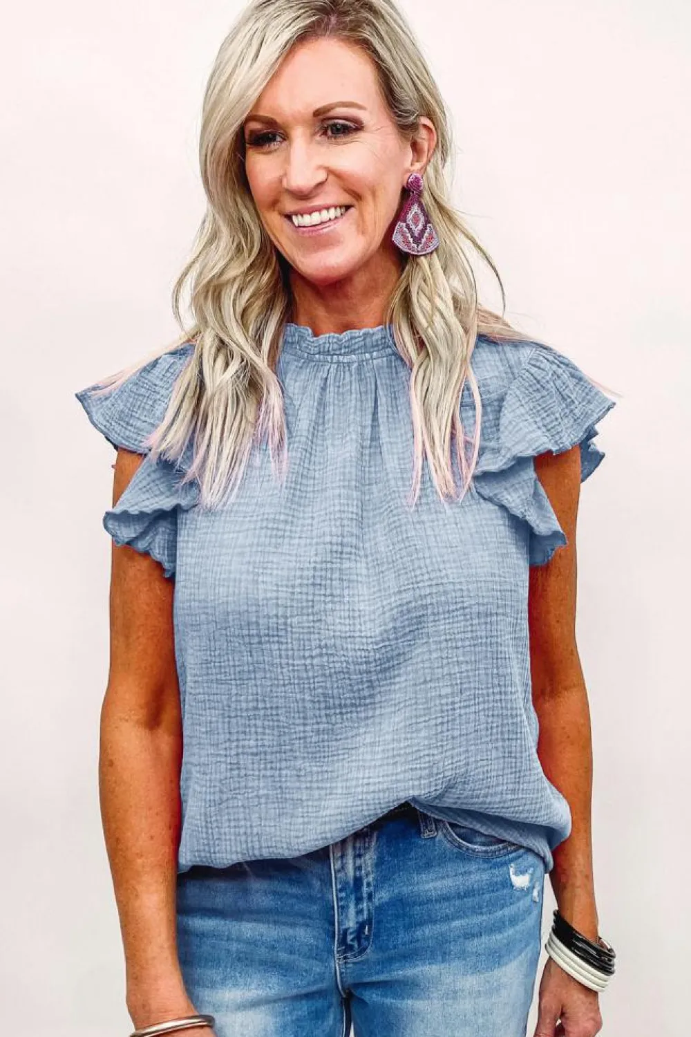 Online Dear-Lover Flutter Sleeve Frilled Neck Textured Blouse Sky Blue