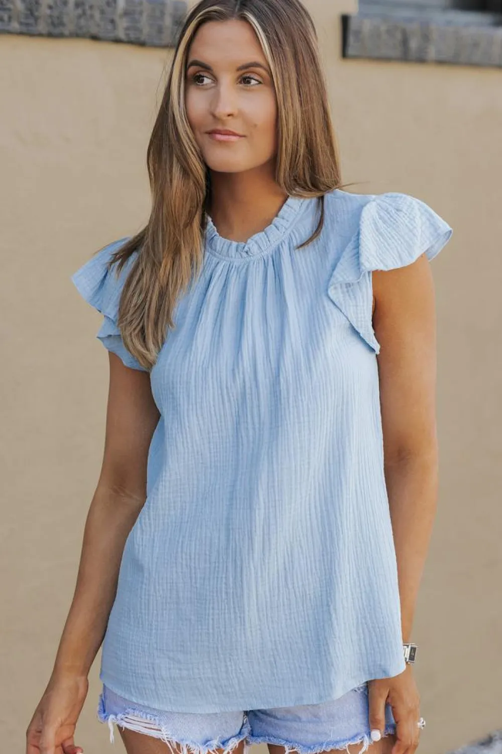 Online Dear-Lover Flutter Sleeve Frilled Neck Textured Blouse Sky Blue