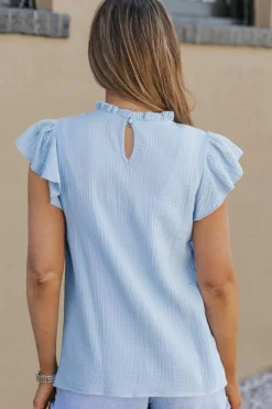 Online Dear-Lover Flutter Sleeve Frilled Neck Textured Blouse Sky Blue