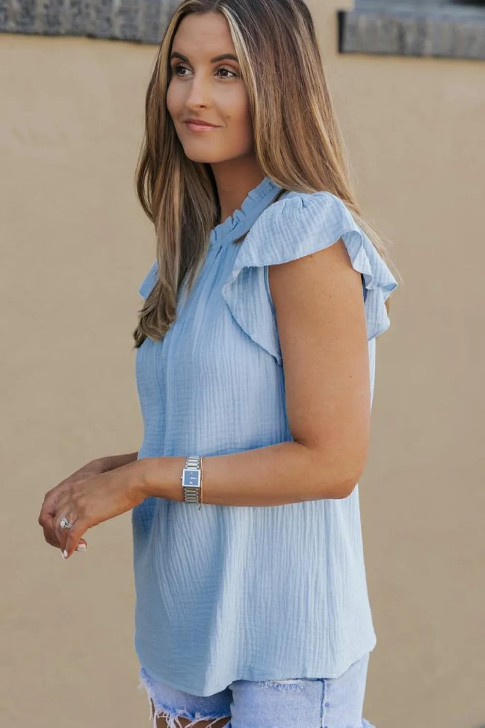 Online Dear-Lover Flutter Sleeve Frilled Neck Textured Blouse Sky Blue