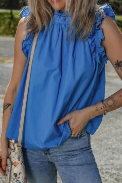Clearance Dear-Lover Frilled Neck Ruffled Armholes Buttoned Back Tank Top Sky Blue