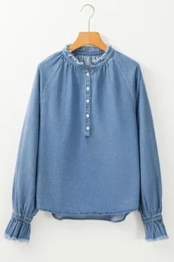 Sale Dear-Lover Frilled Raw Hem Half Buttoned Denim Top Sky Blue