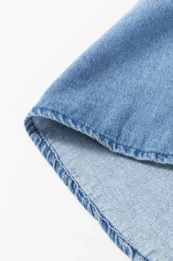 Sale Dear-Lover Frilled Raw Hem Half Buttoned Denim Top Sky Blue