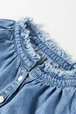 Sale Dear-Lover Frilled Raw Hem Half Buttoned Denim Top Sky Blue