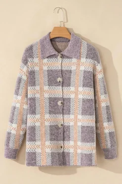 New Dear-Lover Fuzzy Plaid Collared Button Up Cardigan Sky Blue