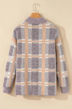New Dear-Lover Fuzzy Plaid Collared Button Up Cardigan Sky Blue