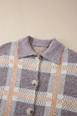New Dear-Lover Fuzzy Plaid Collared Button Up Cardigan Sky Blue
