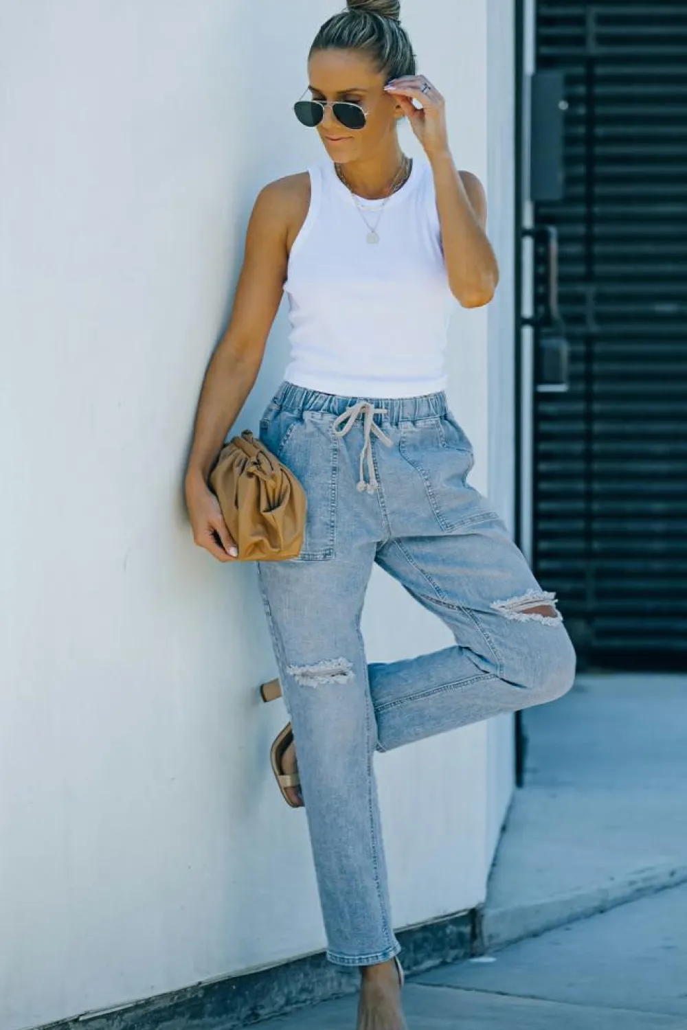 Fashion Dear-Lover Gather Round Distressed Pocketed Denim Jogger Sky Blue