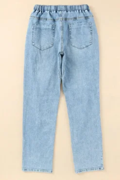 Fashion Dear-Lover Gather Round Distressed Pocketed Denim Jogger Sky Blue
