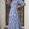 Fashion Dear-Lover Geometric Print V Neck Casual Long Dress Sky Blue