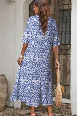 Fashion Dear-Lover Geometric Print V Neck Casual Long Dress Sky Blue