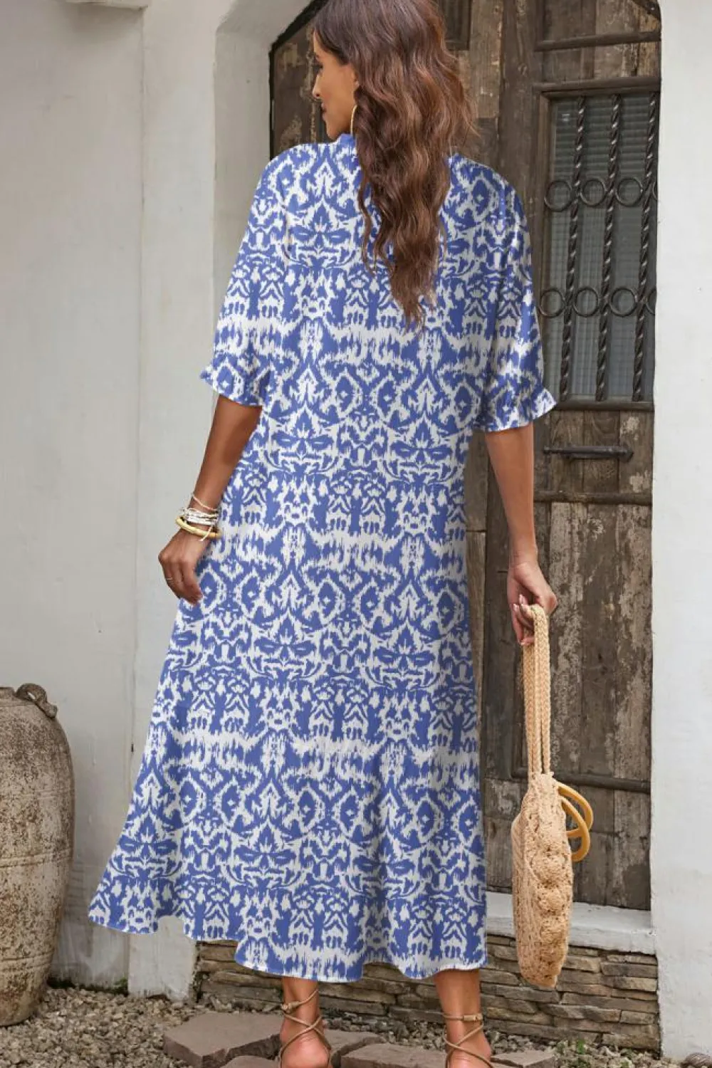 Fashion Dear-Lover Geometric Print V Neck Casual Long Dress Sky Blue