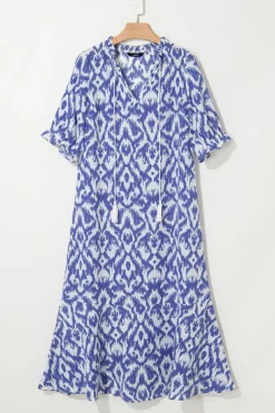 Fashion Dear-Lover Geometric Print V Neck Casual Long Dress Sky Blue