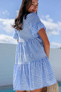 New Dear-Lover Gingham Short Sleeve Button Tie Split Neck Loose Mini Dress Sky Blue