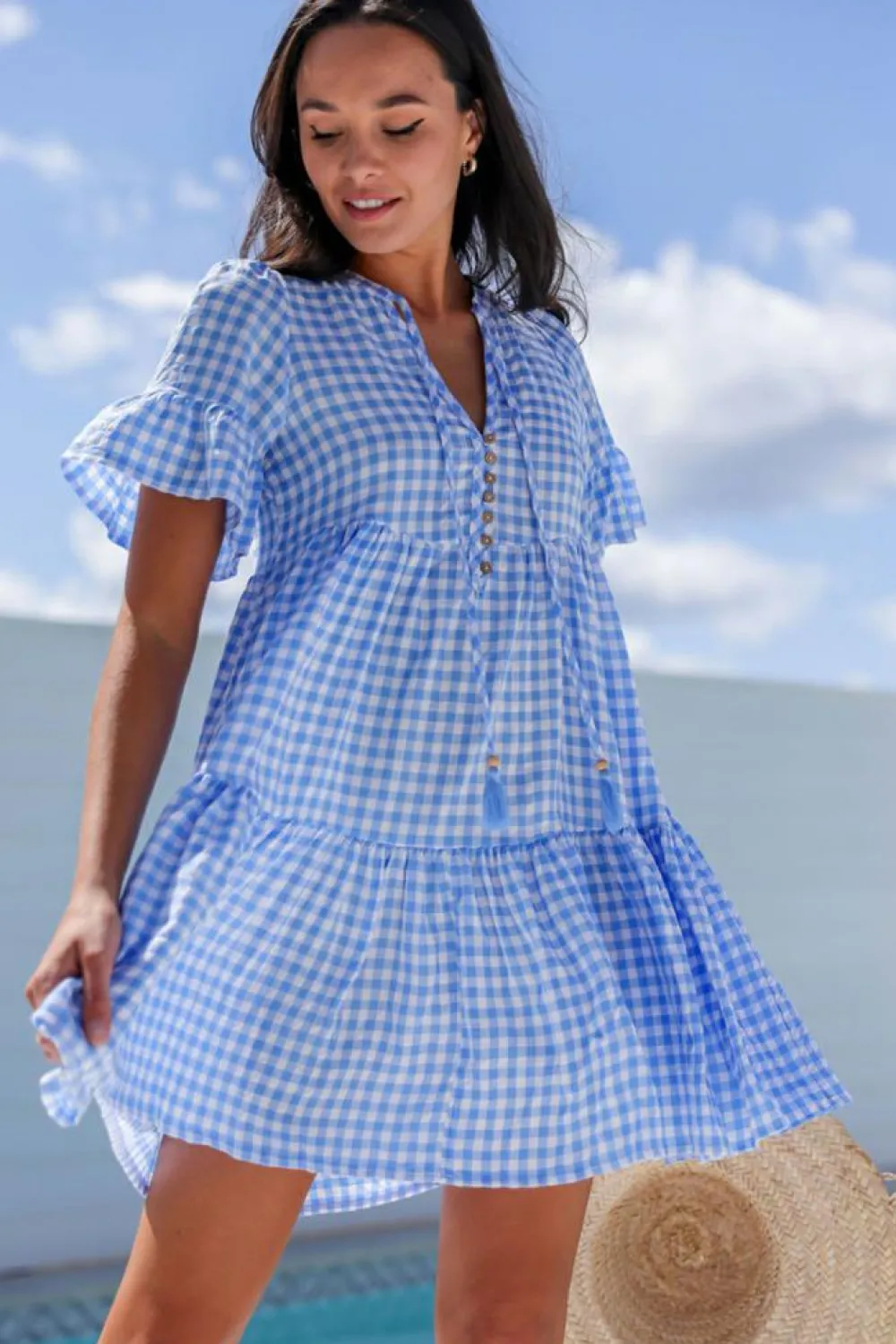New Dear-Lover Gingham Short Sleeve Button Tie Split Neck Loose Mini Dress Sky Blue