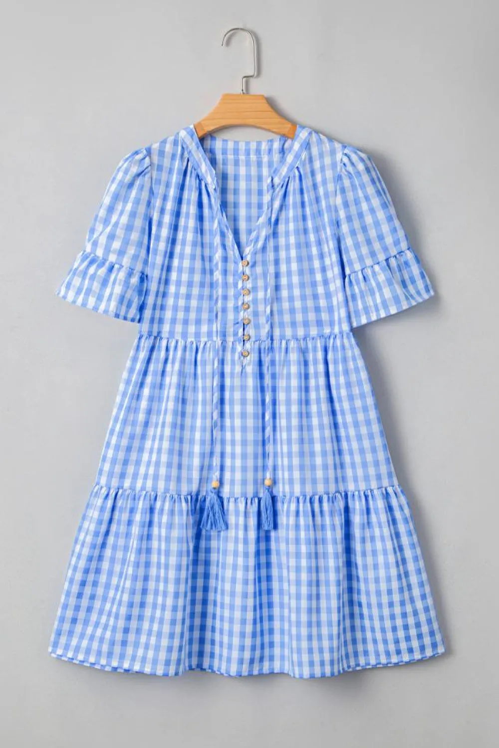New Dear-Lover Gingham Short Sleeve Button Tie Split Neck Loose Mini Dress Sky Blue