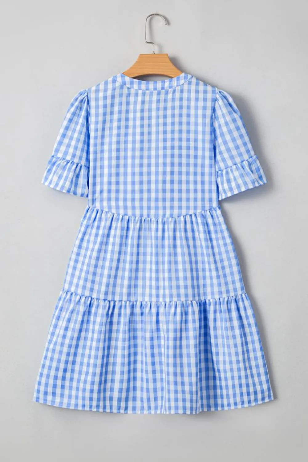 New Dear-Lover Gingham Short Sleeve Button Tie Split Neck Loose Mini Dress Sky Blue