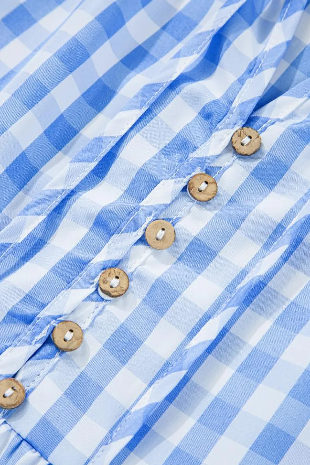New Dear-Lover Gingham Short Sleeve Button Tie Split Neck Loose Mini Dress Sky Blue