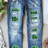 Best Dear-Lover Glitter Clover Patch Plaid Insert Distressed Jeans Sky Blue