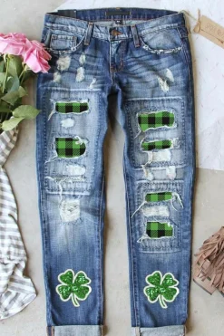 Best Dear-Lover Glitter Clover Patch Plaid Insert Distressed Jeans Sky Blue