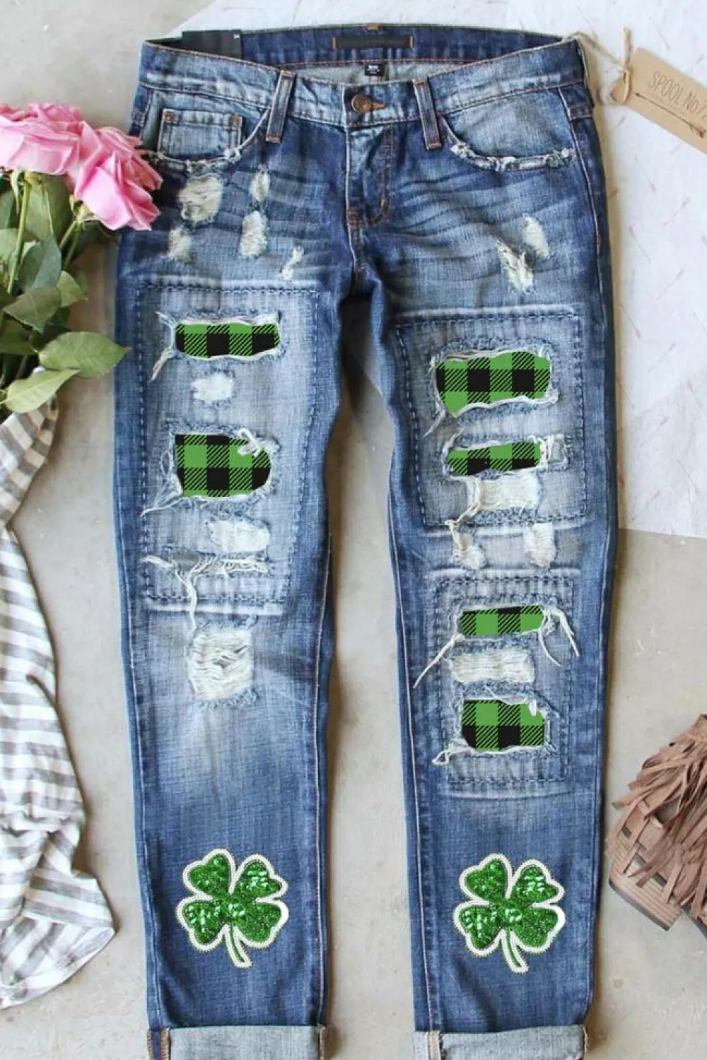 Best Dear-Lover Glitter Clover Patch Plaid Insert Distressed Jeans Sky Blue