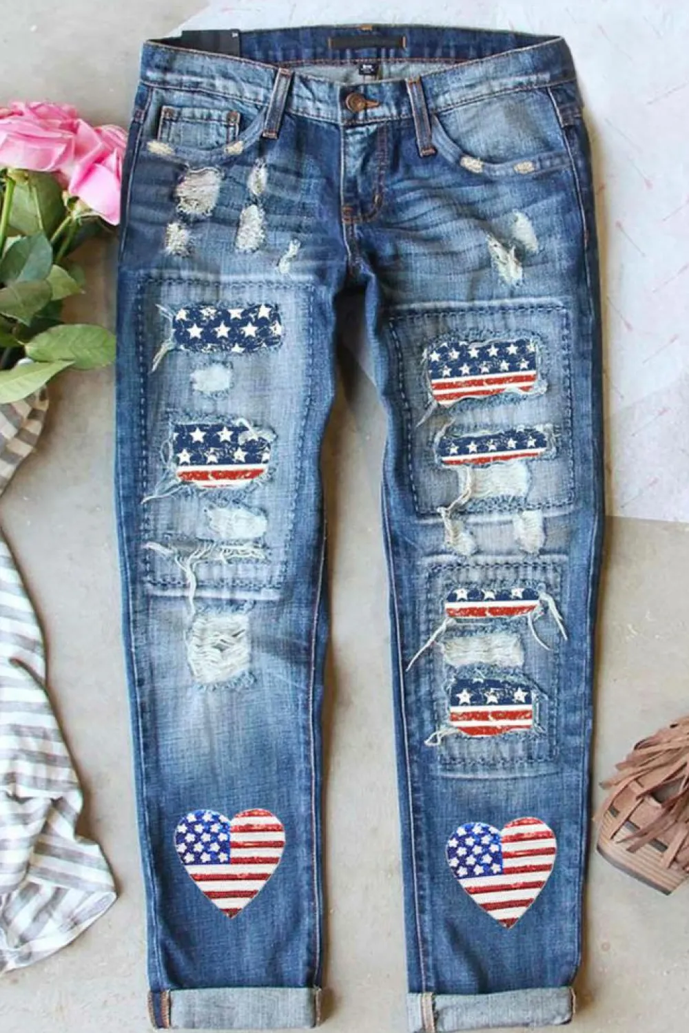 Fashion Dear-Lover Heart-shape American Flag Patch Frayed Jeans Sky Blue