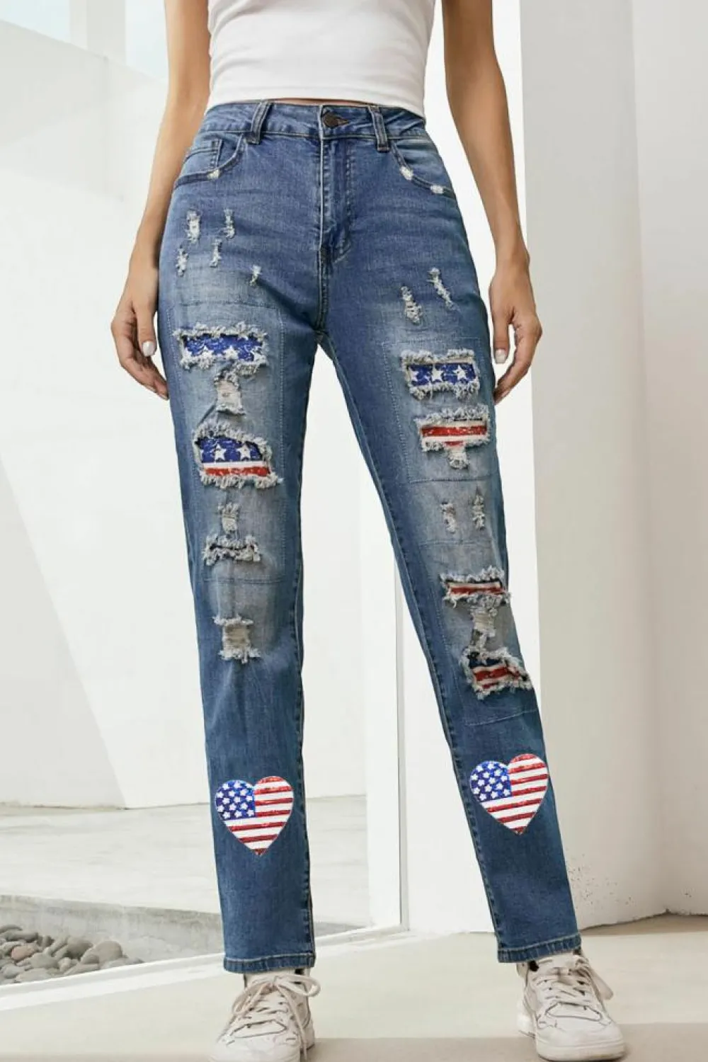 Fashion Dear-Lover Heart-shape American Flag Patch Frayed Jeans Sky Blue