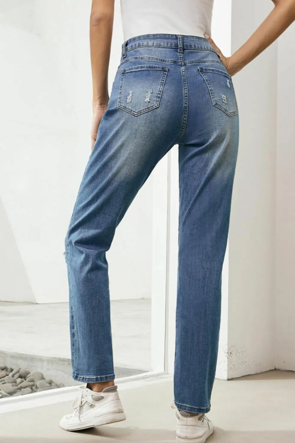 Fashion Dear-Lover Heart-shape American Flag Patch Frayed Jeans Sky Blue