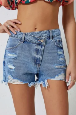 Hot Dear-Lover High Rise Crossover Waist Denim Shorts Sky Blue