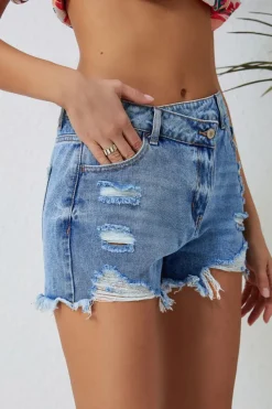 Hot Dear-Lover High Rise Crossover Waist Denim Shorts Sky Blue