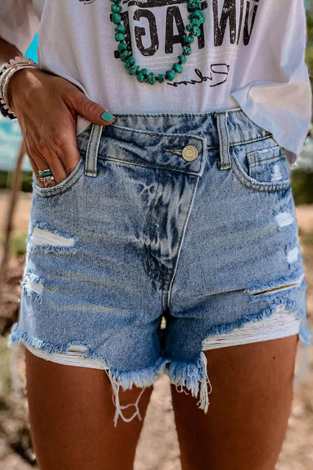 Hot Dear-Lover High Rise Crossover Waist Denim Shorts Sky Blue