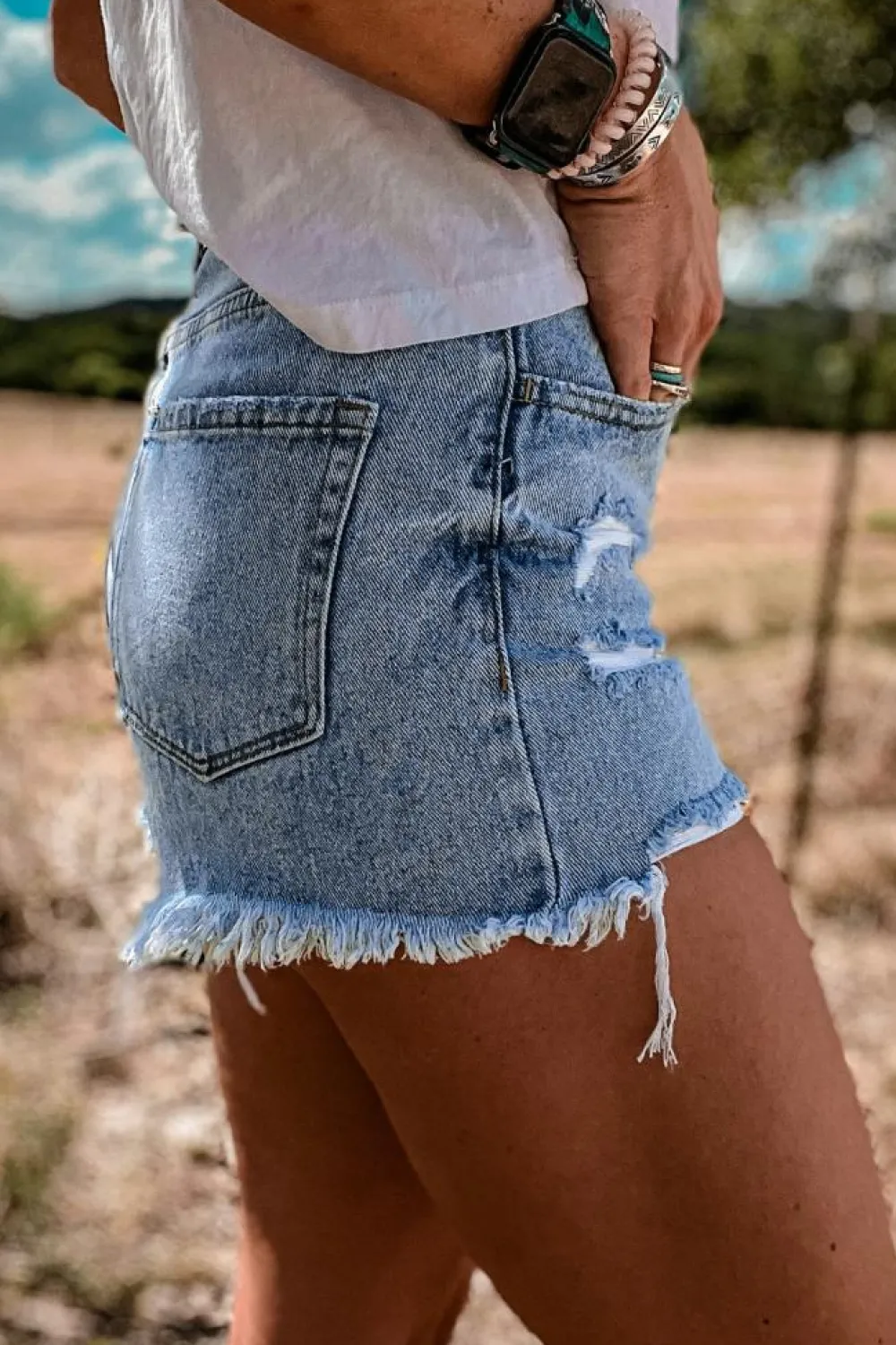Hot Dear-Lover High Rise Crossover Waist Denim Shorts Sky Blue