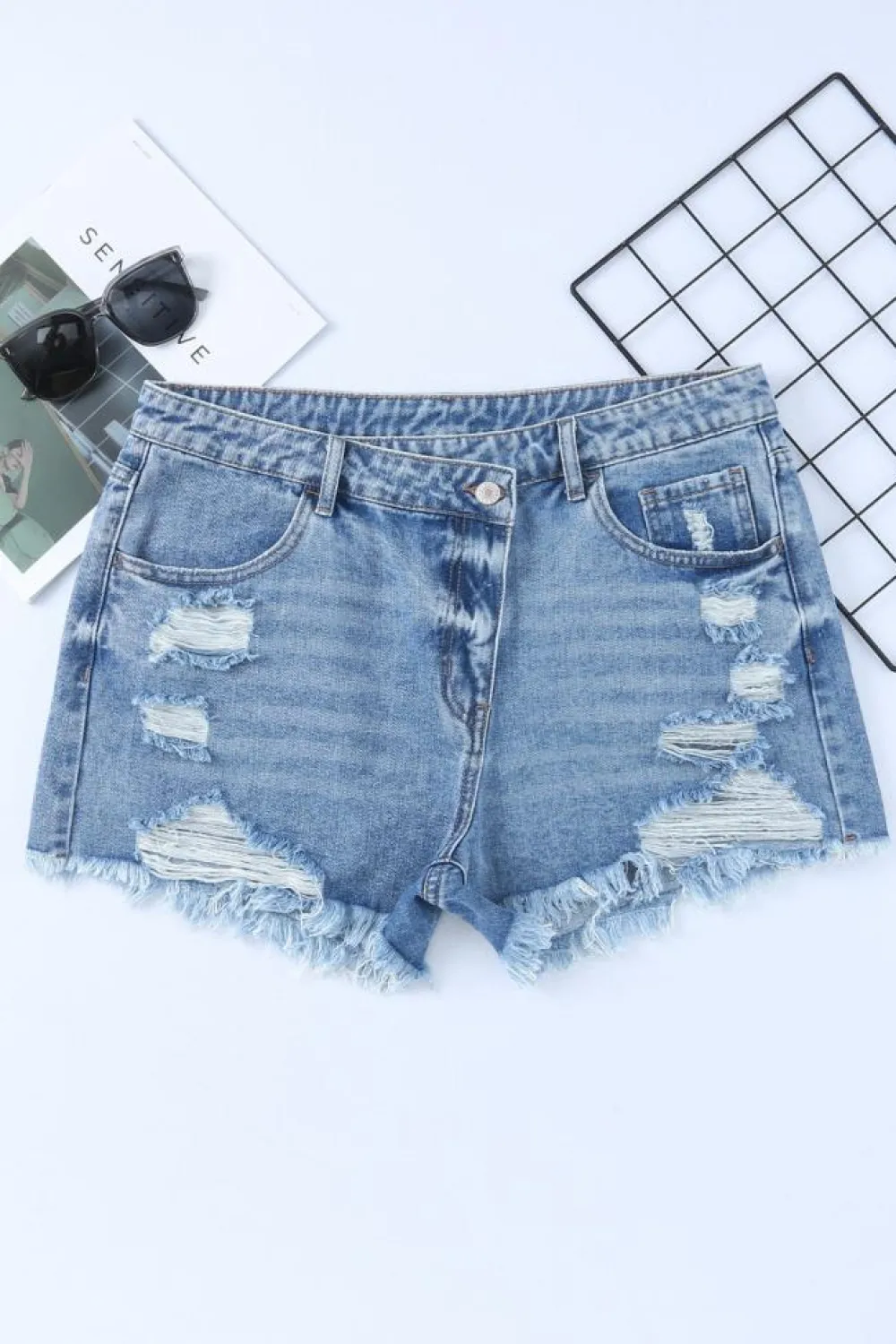 Hot Dear-Lover High Rise Crossover Waist Denim Shorts Sky Blue